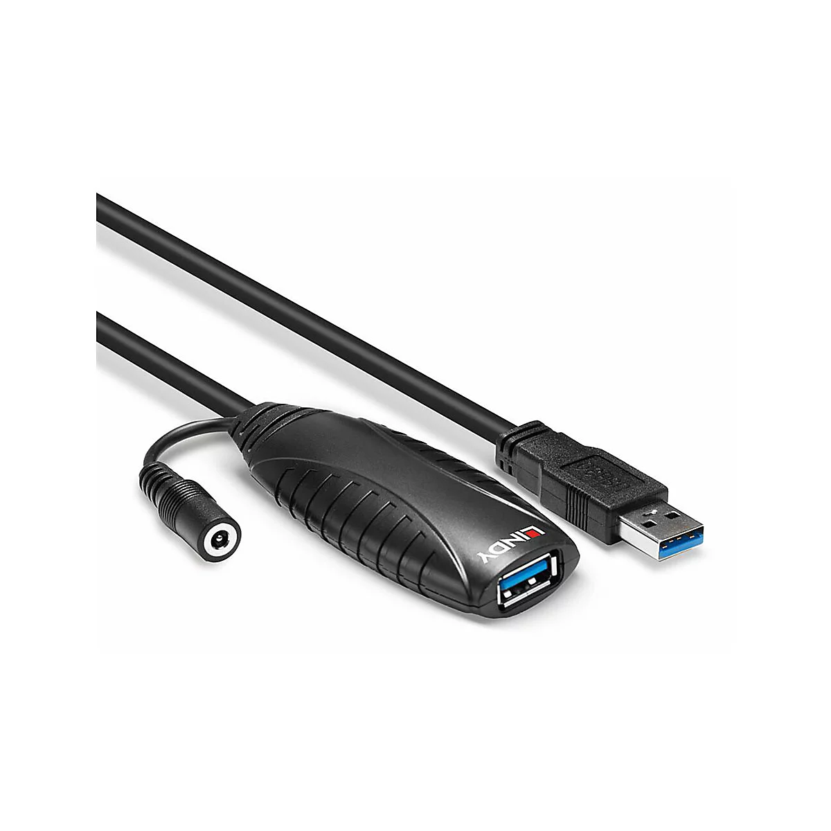 Schwarzes USB-Verlängerungskabel mit Steckern an beiden Enden. Auf dem Gehäuse steht "LINDY".