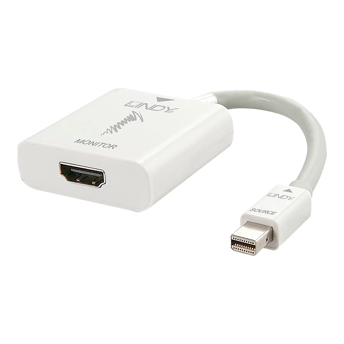 Un adaptateur LINDY blanc avec des connecteurs HDMI et Mini DisplayPort. Inscription: Moniteur et Source. Câble gris.