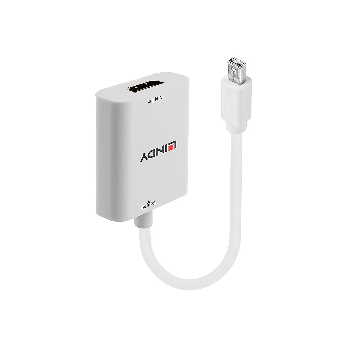 Adaptateur LINDY blanc avec connecteurs HDMI et Mini DisplayPort, étiqueté "Display" et "Source".