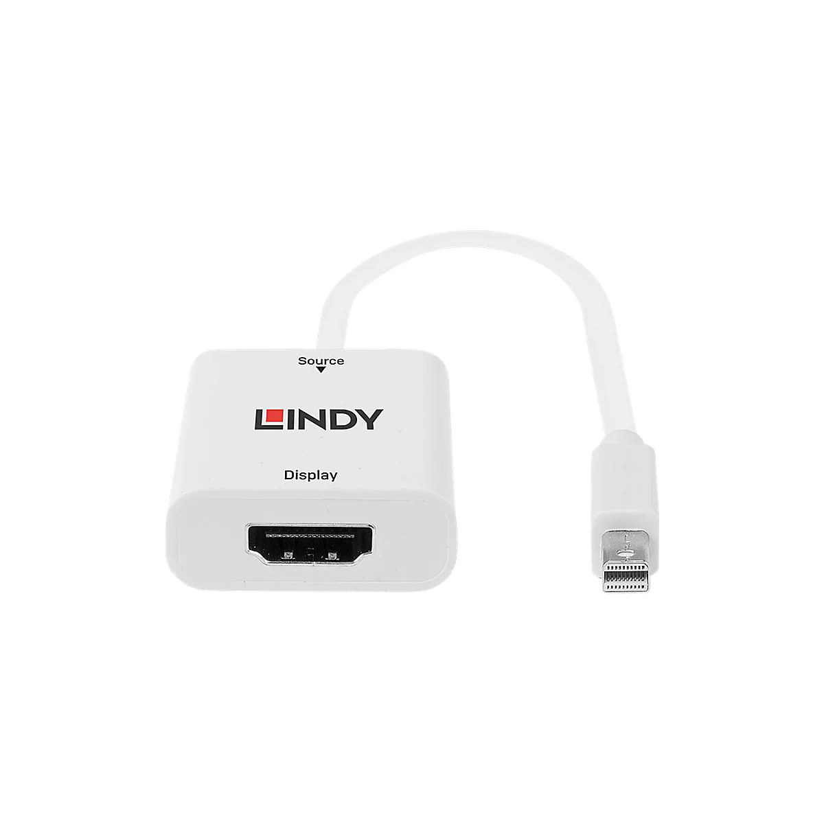 Adaptateur LINDY blanc avec connecteurs DisplayPort et HDMI.