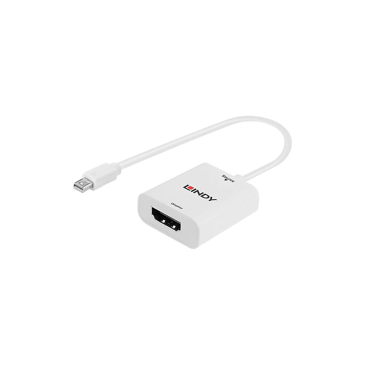 Adaptateur LINDY blanc avec connecteurs HDMI et Mini DisplayPort. Le câble relie les deux ports.