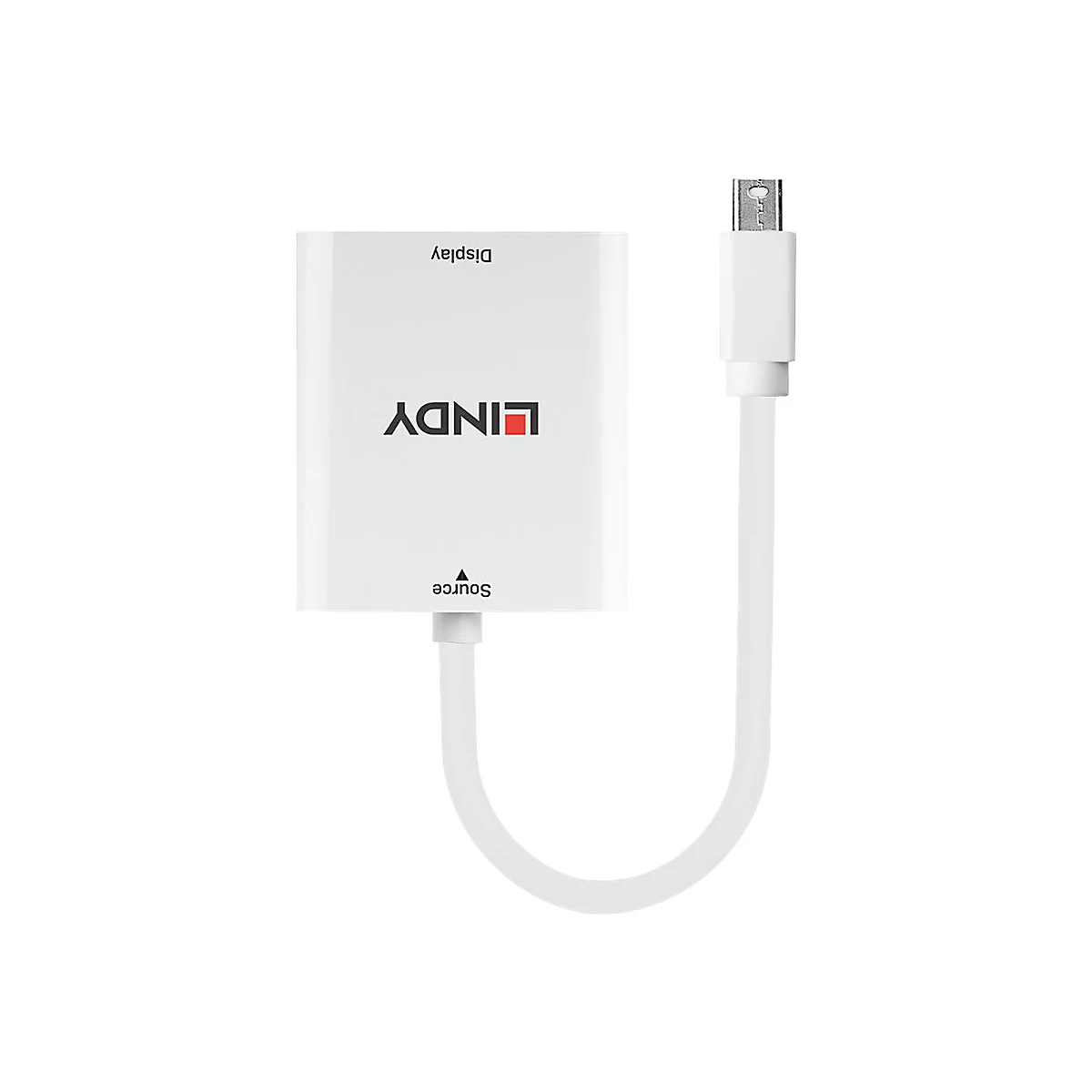 Adaptateur LINDY blanc avec câble. L'adaptateur indique "Display" et "Source".