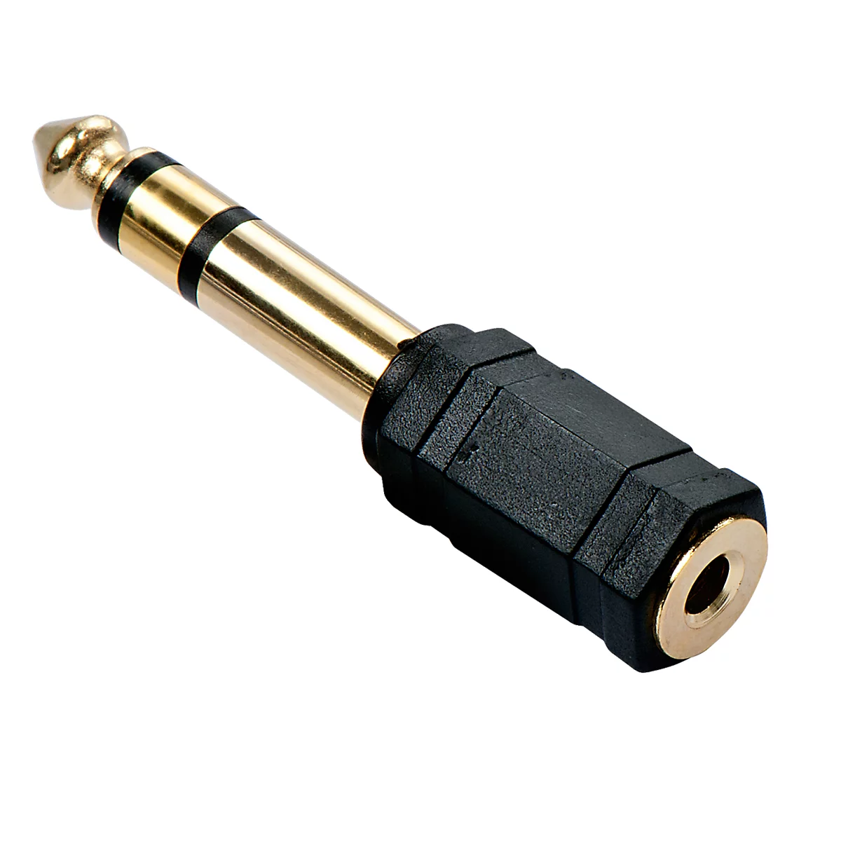 Un adaptateur de prise jack doré sur fond noir. L'adaptateur a une pointe dorée et une gaine noire.