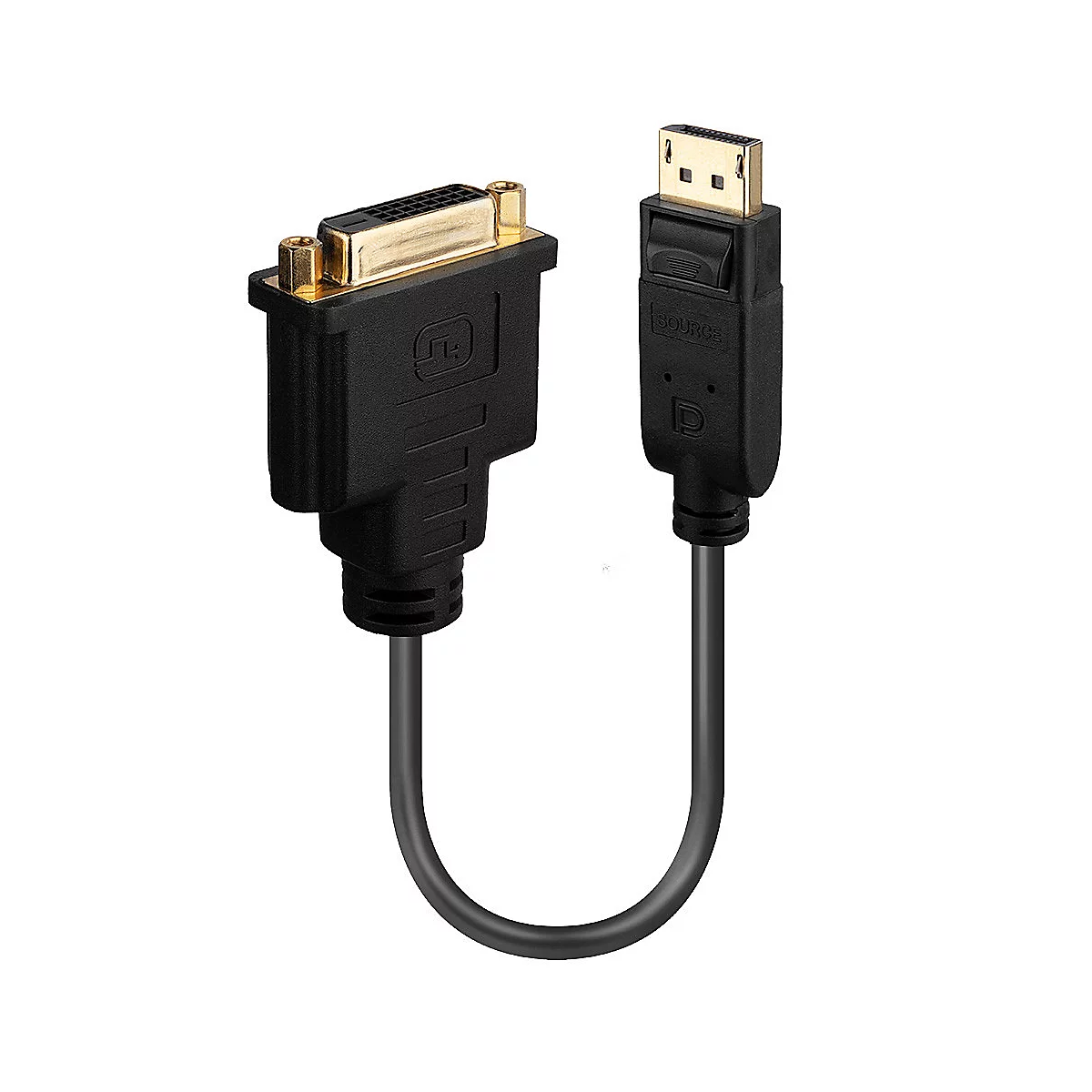 Adaptateur DVI vers DisplayPort noir. L'extrémité DVI est dorée, l'extrémité DisplayPort porte l'inscription "Source".