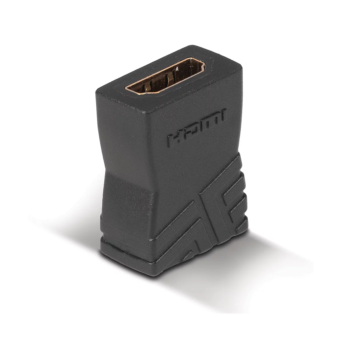 Adaptateur HDMI rectangulaire noir, avec connecteur intérieur doré et lettrage HDMI.