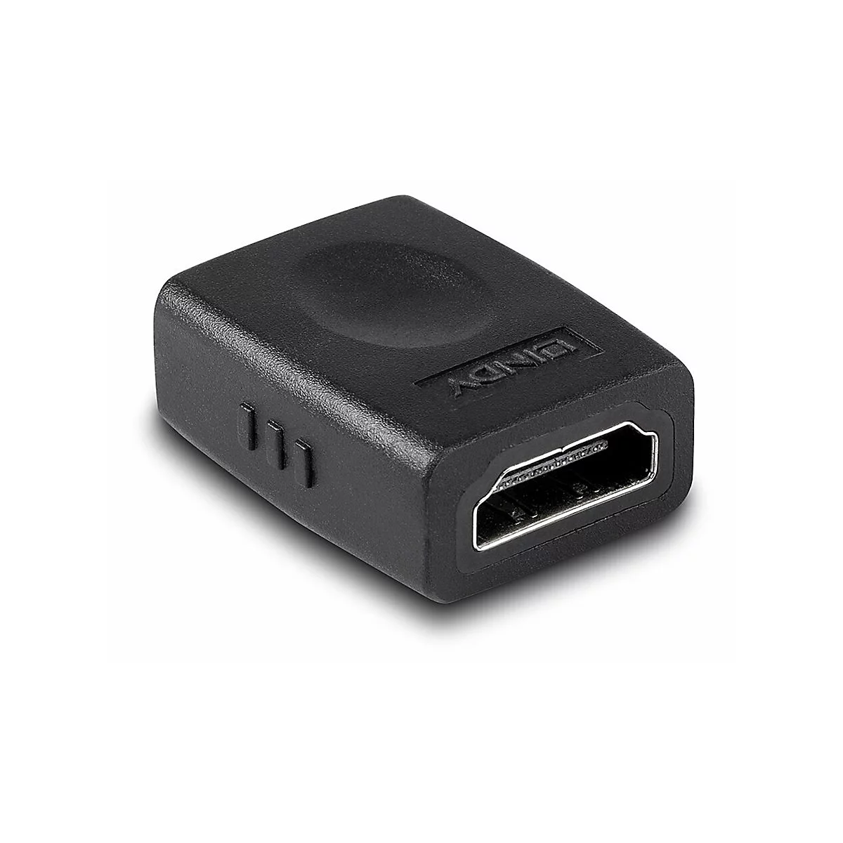 Adaptateur HDMI noir avec logo LINDY, montrant la conception du port HDMI.