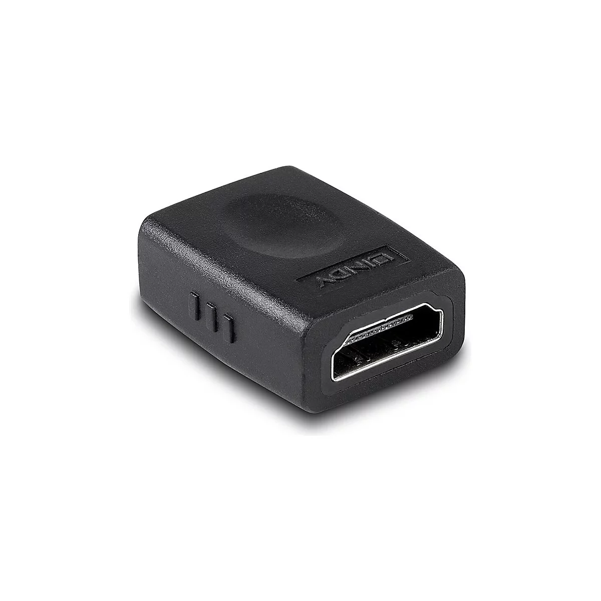 Adaptateur HDMI noir avec logo LINDY. Une extrémité est une prise femelle, l'autre une fiche.