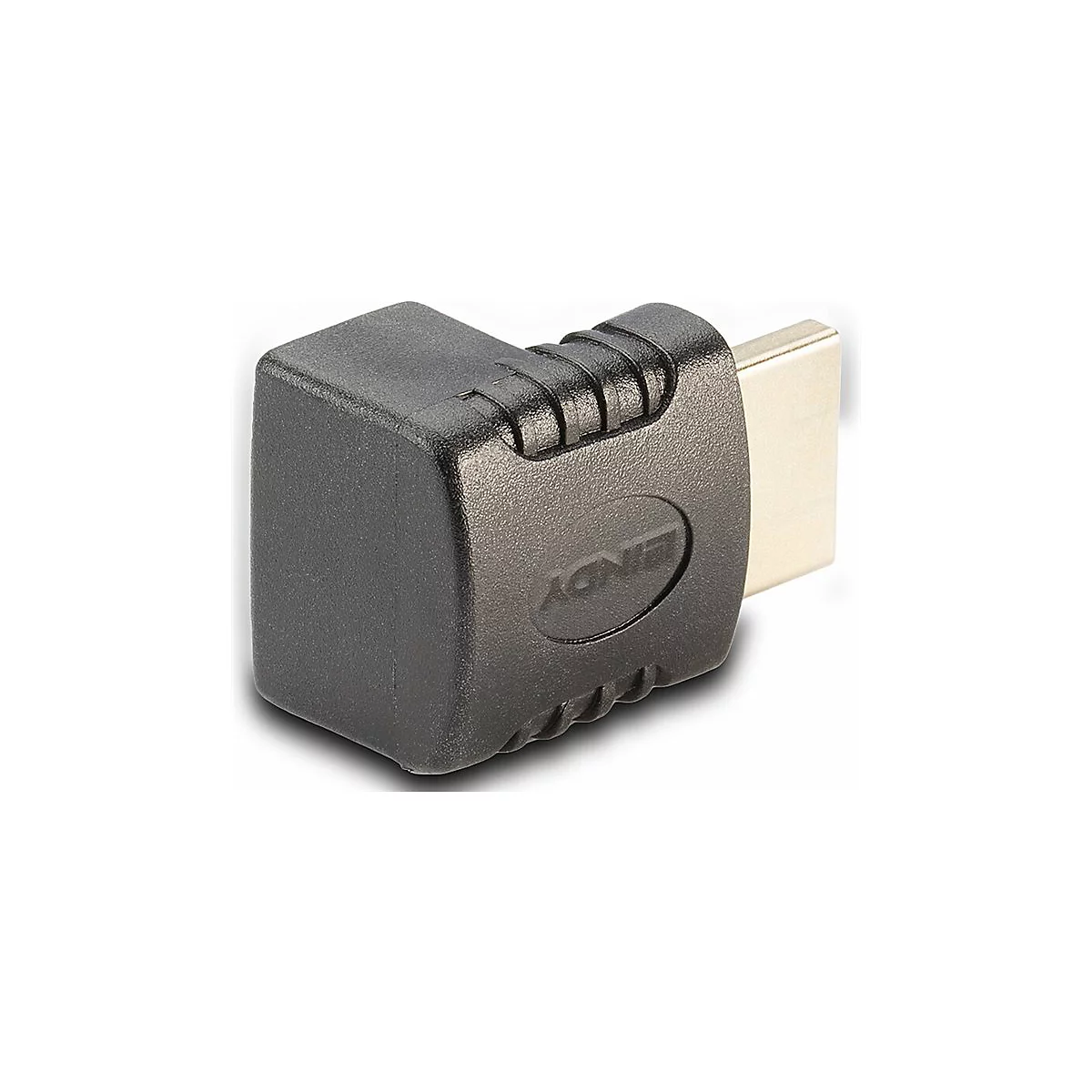 Adaptateur HDMI coudé noir. Le connecteur HDMI est de couleur or.