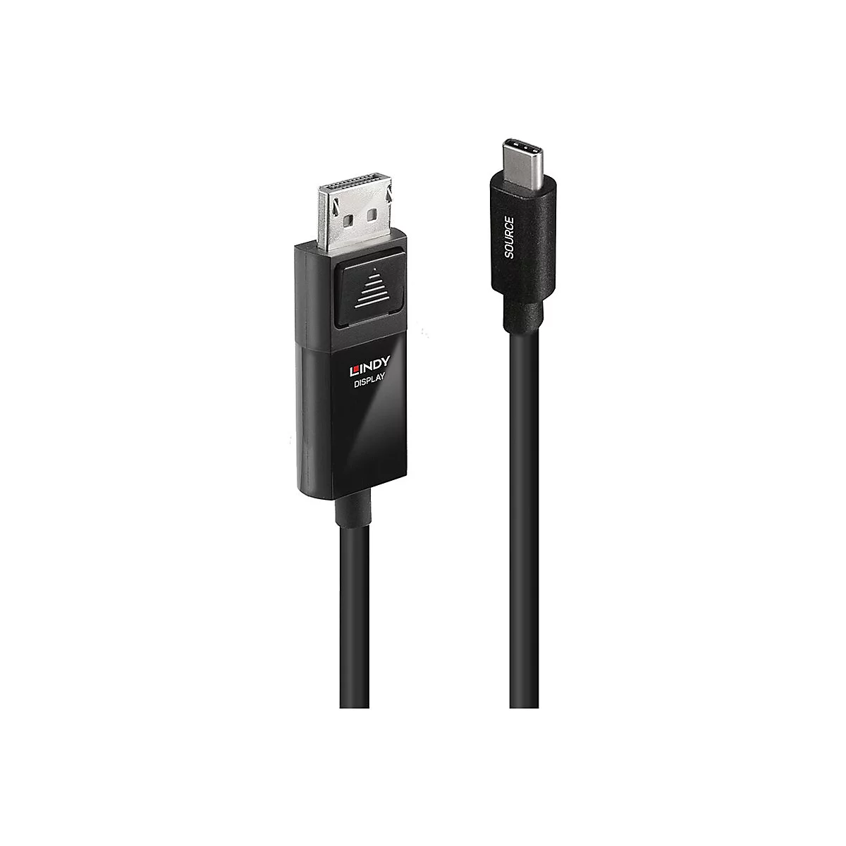 Schwarzes LINDY DisplayPort zu USB-C Kabel. Auf dem Stecker steht "SOURCE".