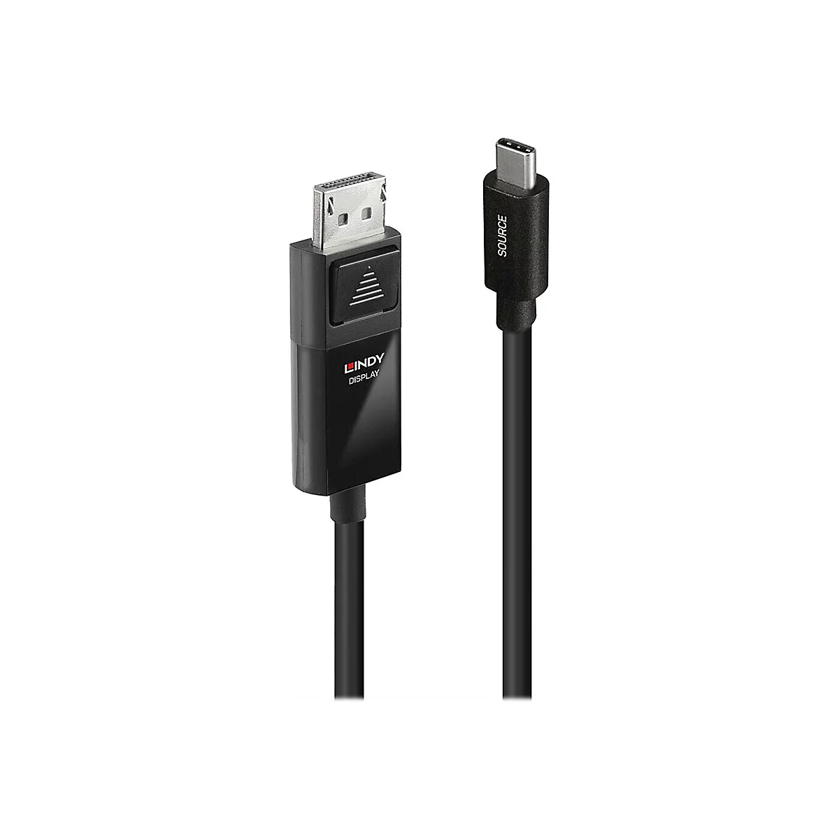 Schwarzes LINDY DisplayPort-auf-USB-C-Kabel; eine Seite ist mit DisplayPort, die andere mit USB-C gekennzeichnet.