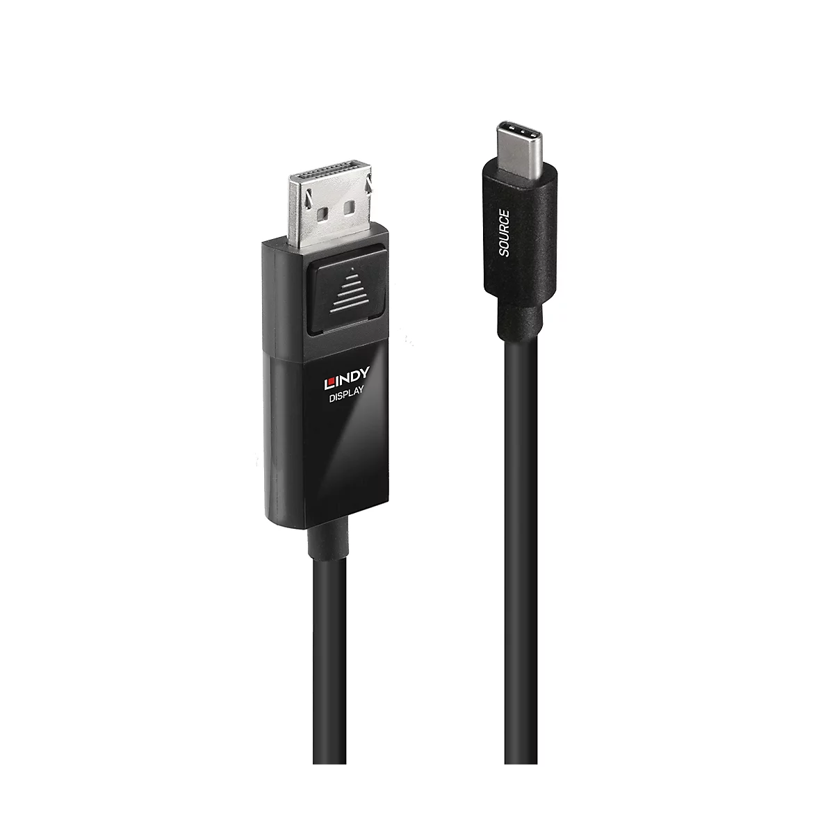 Schwarzes LINDY DisplayPort zu USB-C Kabel, Detailaufnahme. Auf den Steckern steht 'SOURCE'.