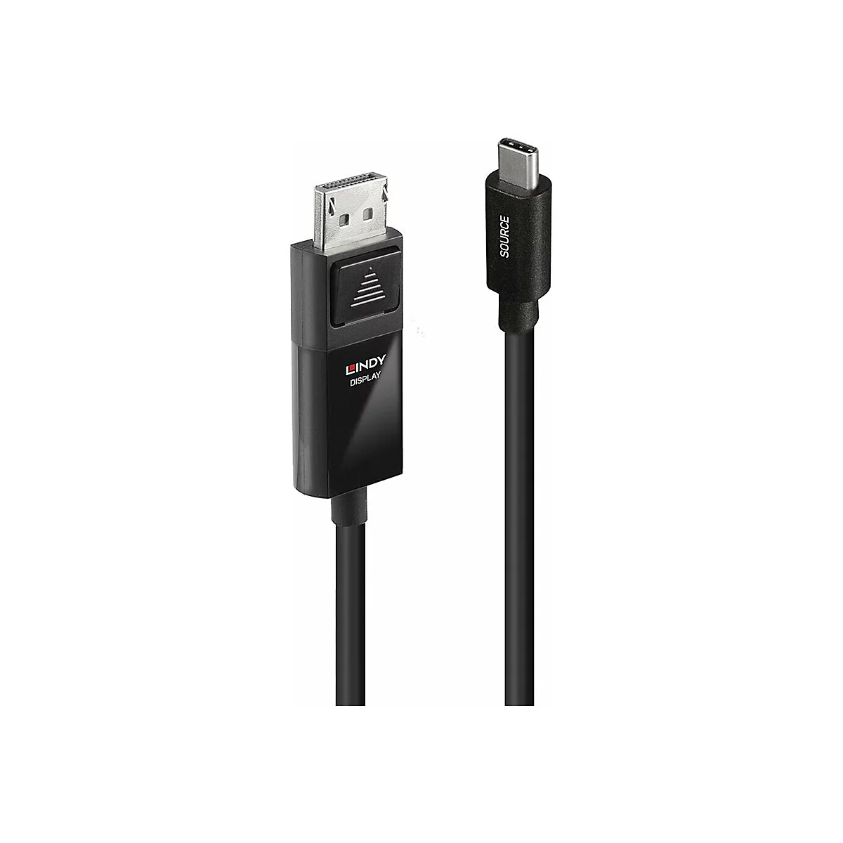 Schwarzes LINDY DisplayPort-Kabel mit USB-C-Anschluss, das mit 'SOURCE' beschriftet ist.