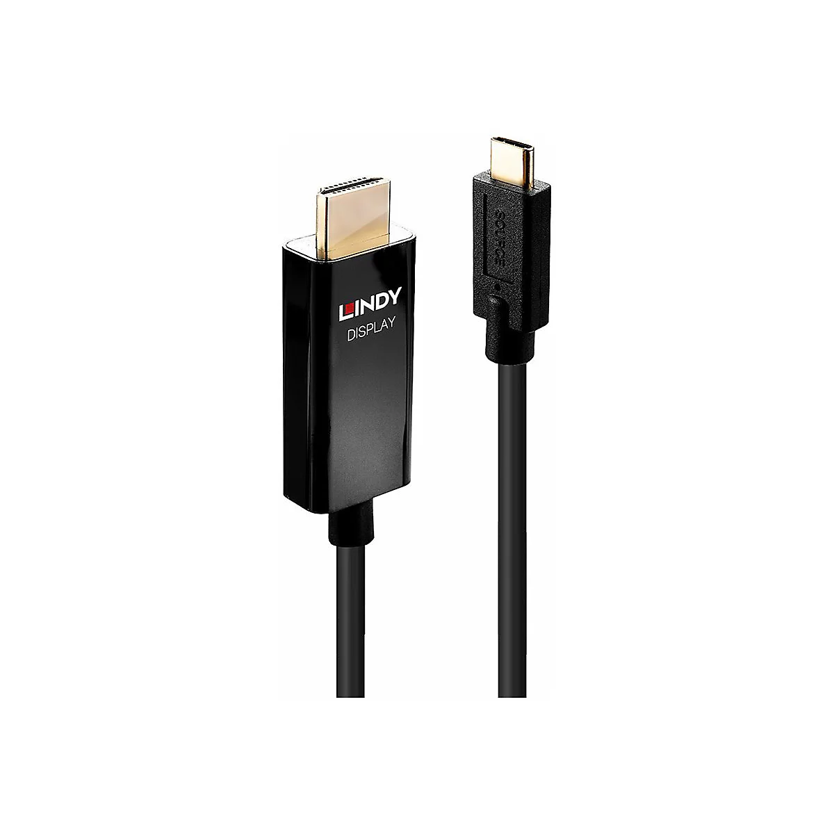 Schwarzes HDMI-Kabel mit USB-C-Anschluss. Auf dem Stecker steht "LINDY DISPLAY".
