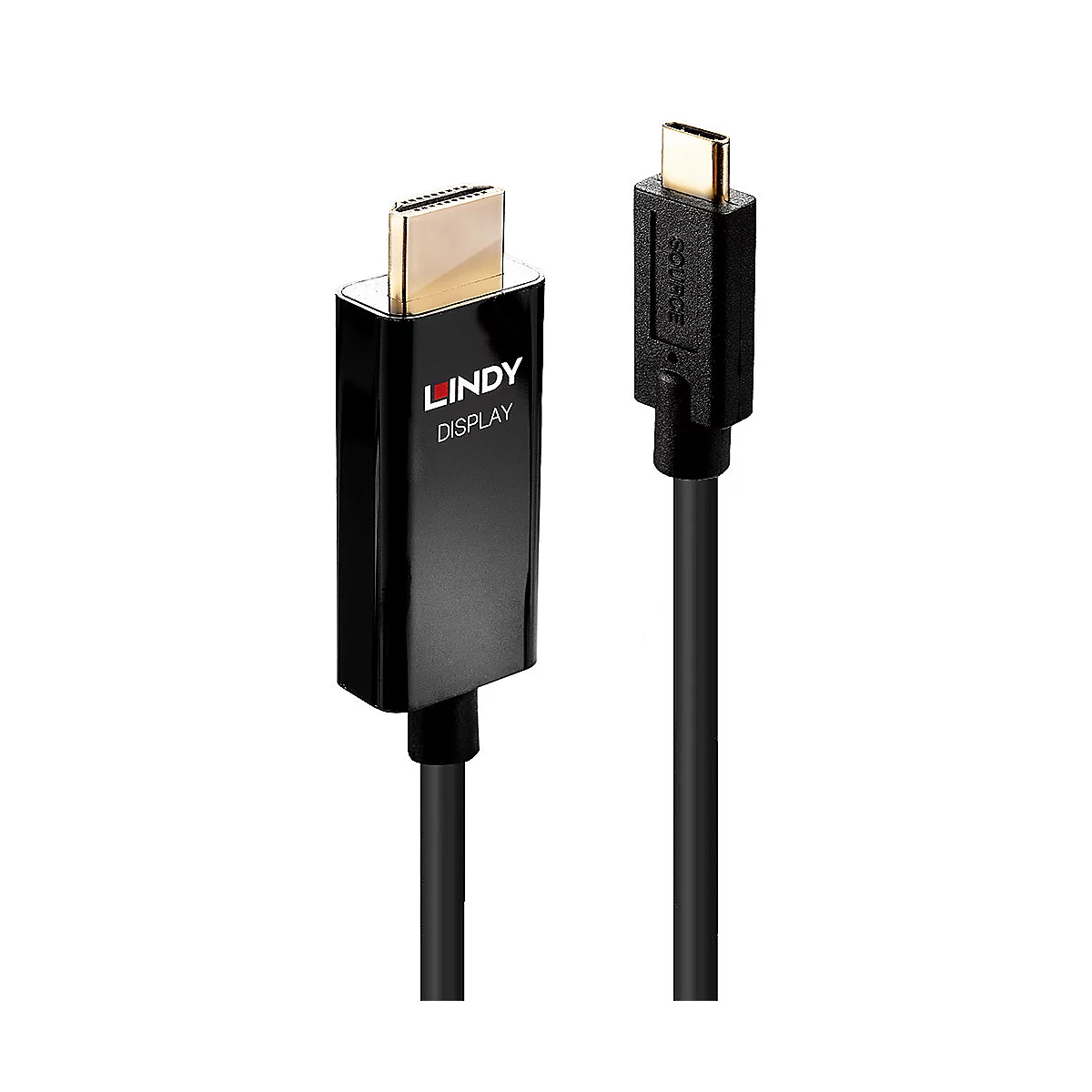 Schwarzes LINDY-Displaykabel mit HDMI- und USB-C-Steckern.