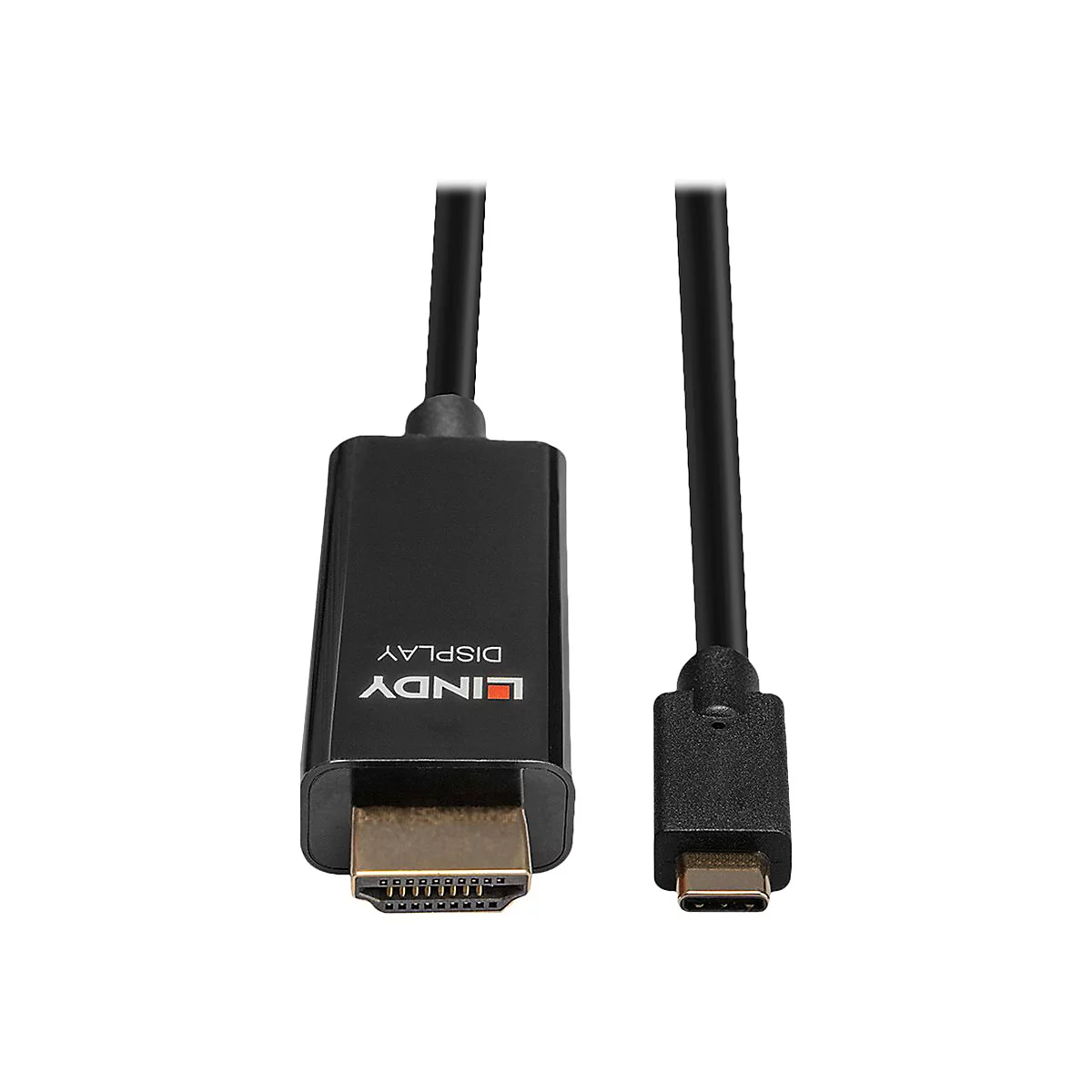 Schwarzes HDMI-Kabel mit USB-C-Anschluss, Herstellerlogo LINDY DISPLAY.