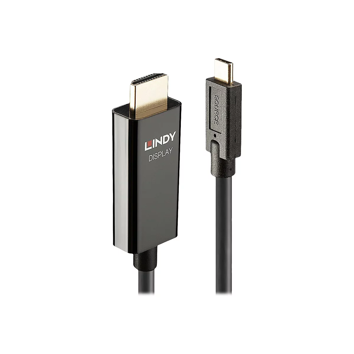 Ein schwarzes HDMI-Kabel mit einem USB-C-Anschluss. Auf dem HDMI-Anschluss steht 'LINDY DISPLAY'.