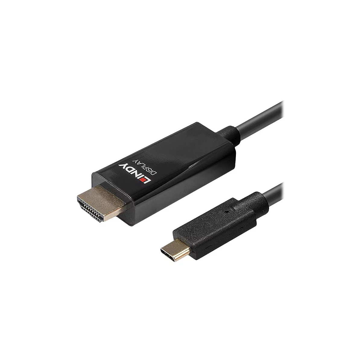 Ein schwarzes LINDY Display-Kabel, mit HDMI- und USB-C-Anschlüssen, auf weißem Hintergrund.