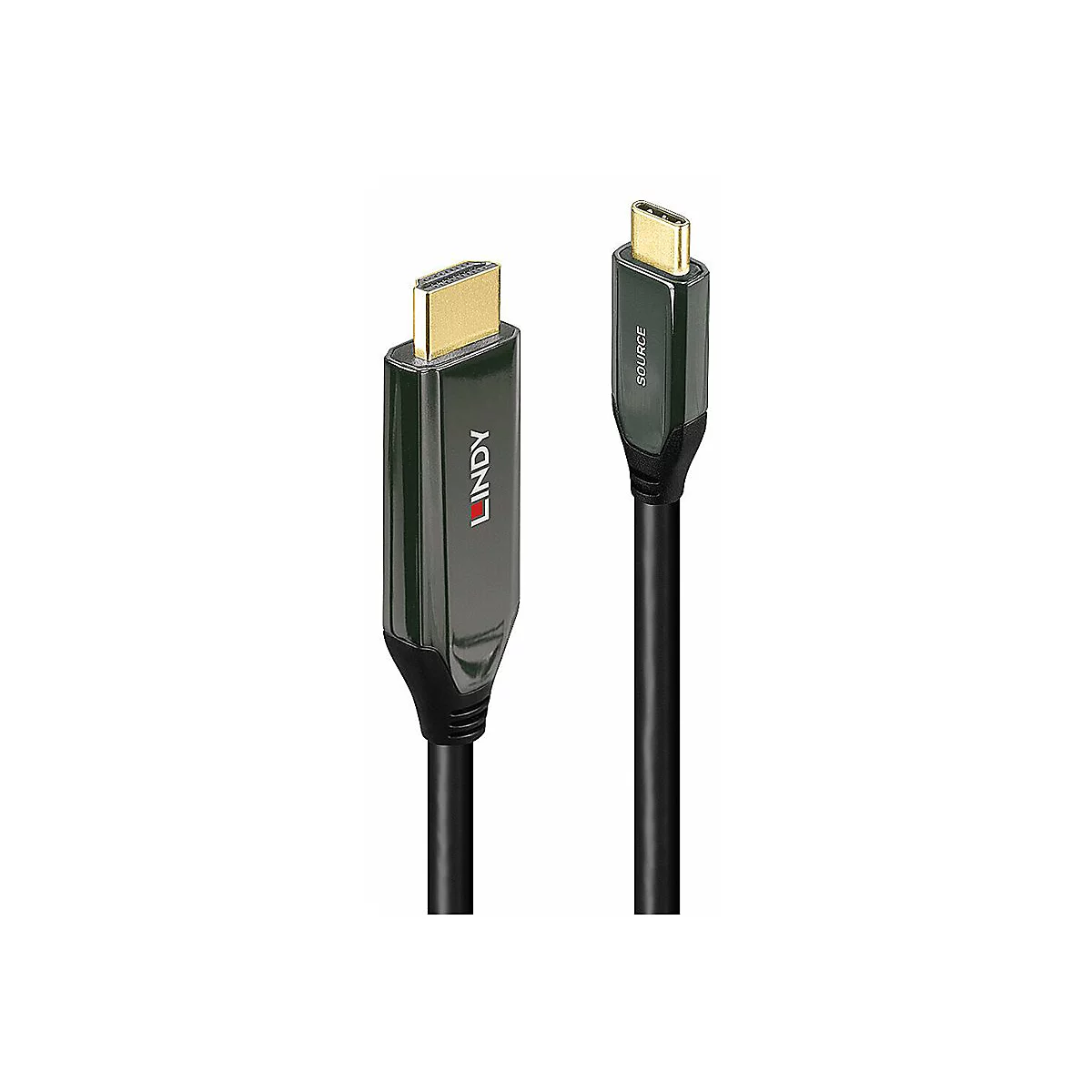 Zwei schwarze Kabel mit Anschlüssen, eins mit der Aufschrift "LINDY", das andere mit "SOURCE".