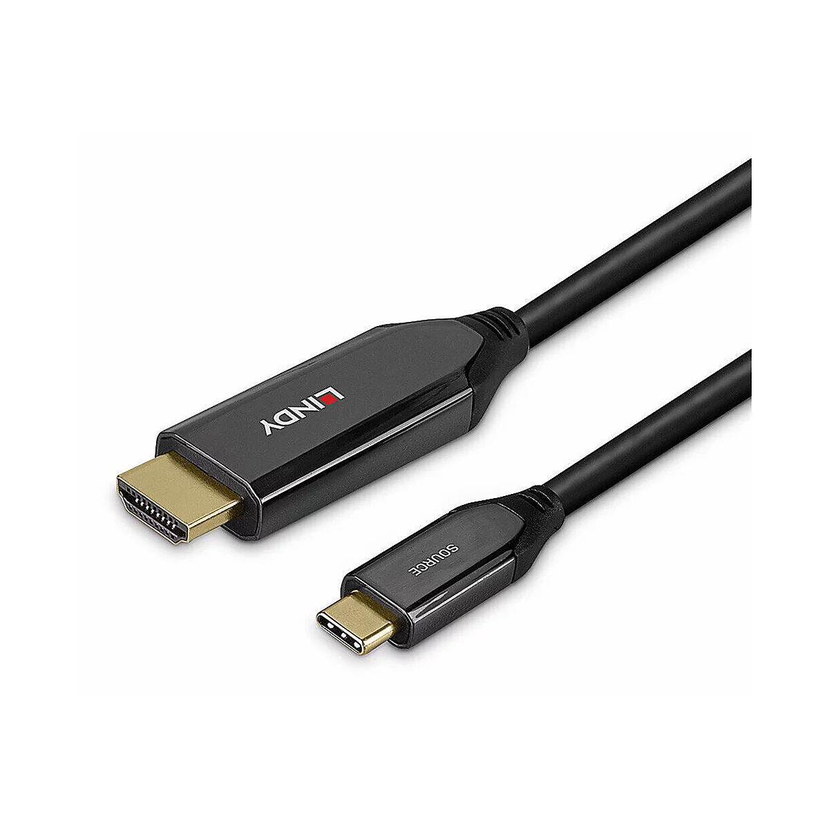 Ein schwarzes HDMI-Kabel mit USB-C-Anschluss. Auf dem einen Stecker steht „LINDY“, auf dem anderen „SOURCE“.