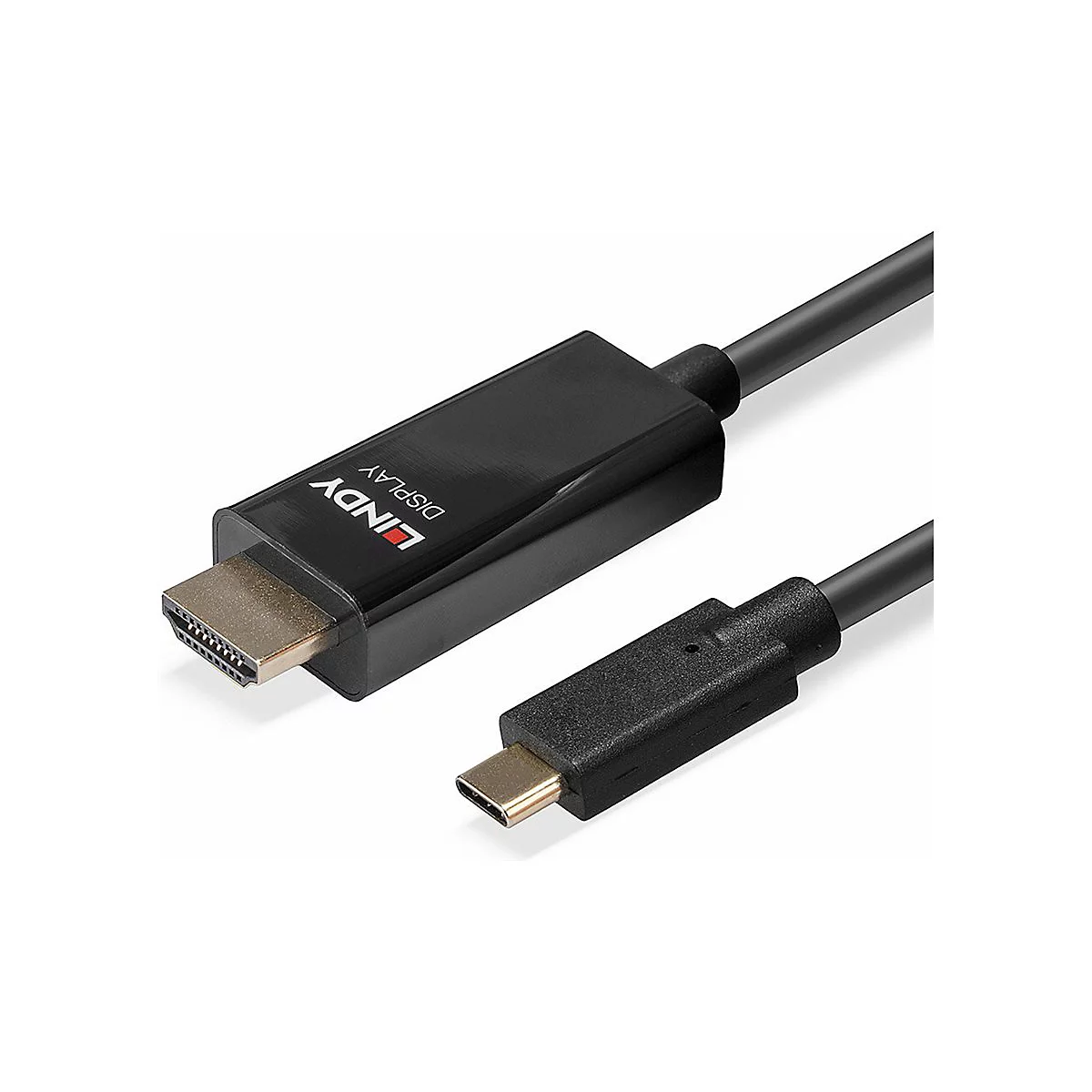 Ein schwarzes LINDY Display-Kabel, mit HDMI- und USB-C-Anschluss, liegt vor hellem Hintergrund.