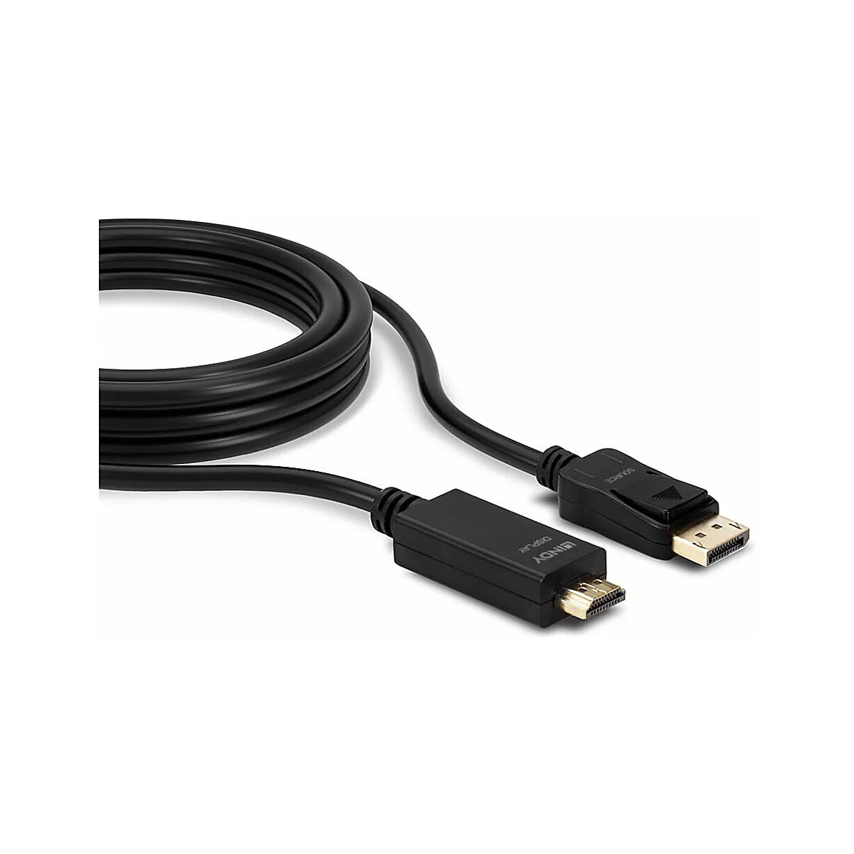 Schwarzes DisplayPort-Kabel mit HDMI-Anschluss. Beide Enden sind sichtbar.