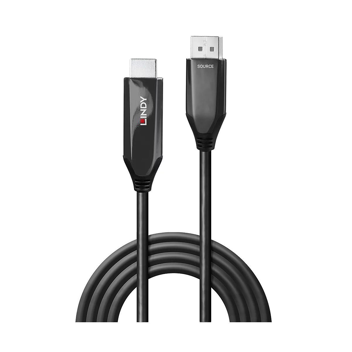 Schwarzes LINDY-Kabel mit HDMI- und DisplayPort-Anschlüssen. Der DisplayPort-Stecker ist mit „SOURCE“ beschriftet.