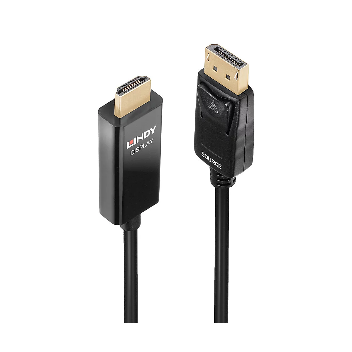 Ein schwarzes Lindy-DisplayPort-Kabel mit vergoldeten Anschlüssen. Der Stecker ist mit "SOURCE" beschriftet.