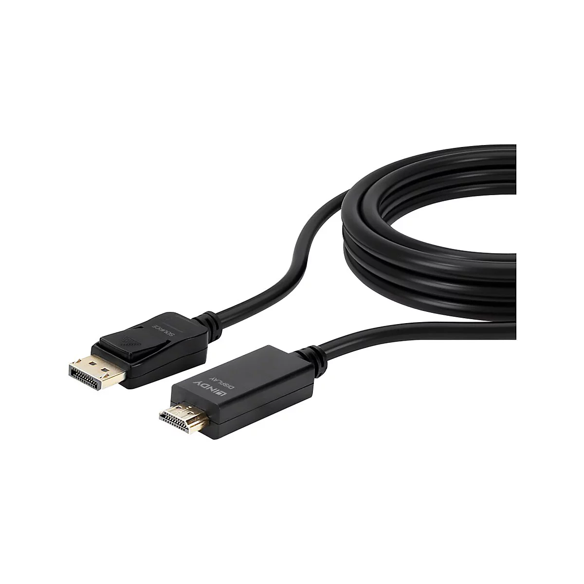 Schwarzes HDMI- und DisplayPort-Kabel. Aufschrift: "SOURCE", "DISPLAY".