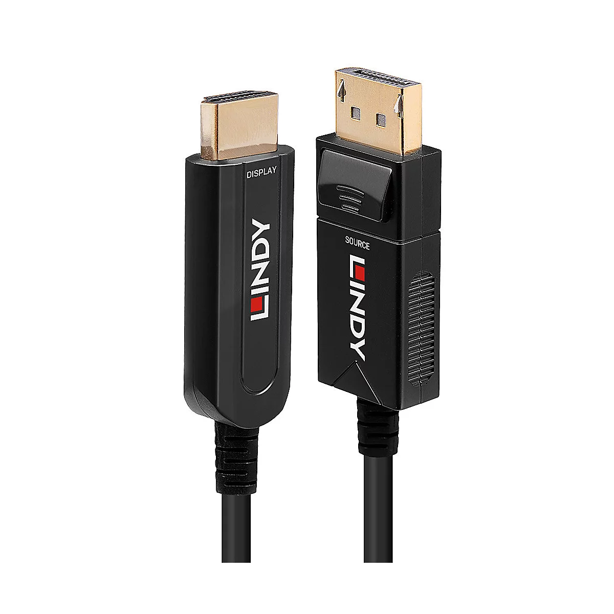 Zwei schwarze LINDY-Kabel mit goldenen Steckern. Auf einem steht "DISPLAY", auf dem anderen "SOURCE".