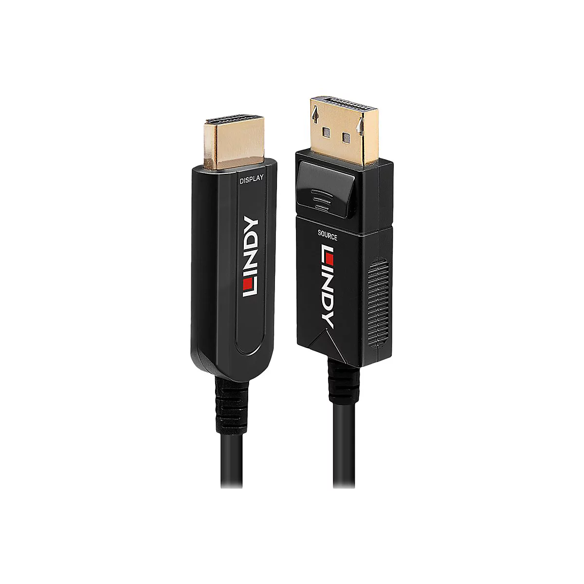 Zwei schwarze Lindy-Kabel, Display- und Source-Anschluss mit goldfarbenen Steckern.