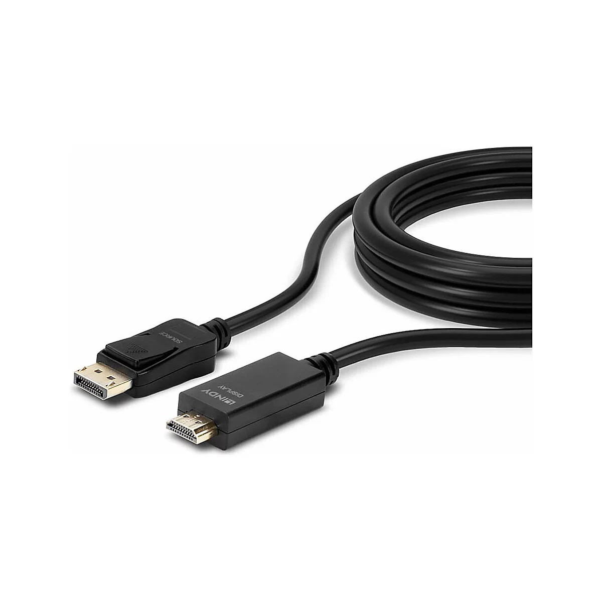 Schwarzes HDMI-auf-DisplayPort-Kabel mit Steckern, das in einer Schleife liegt.