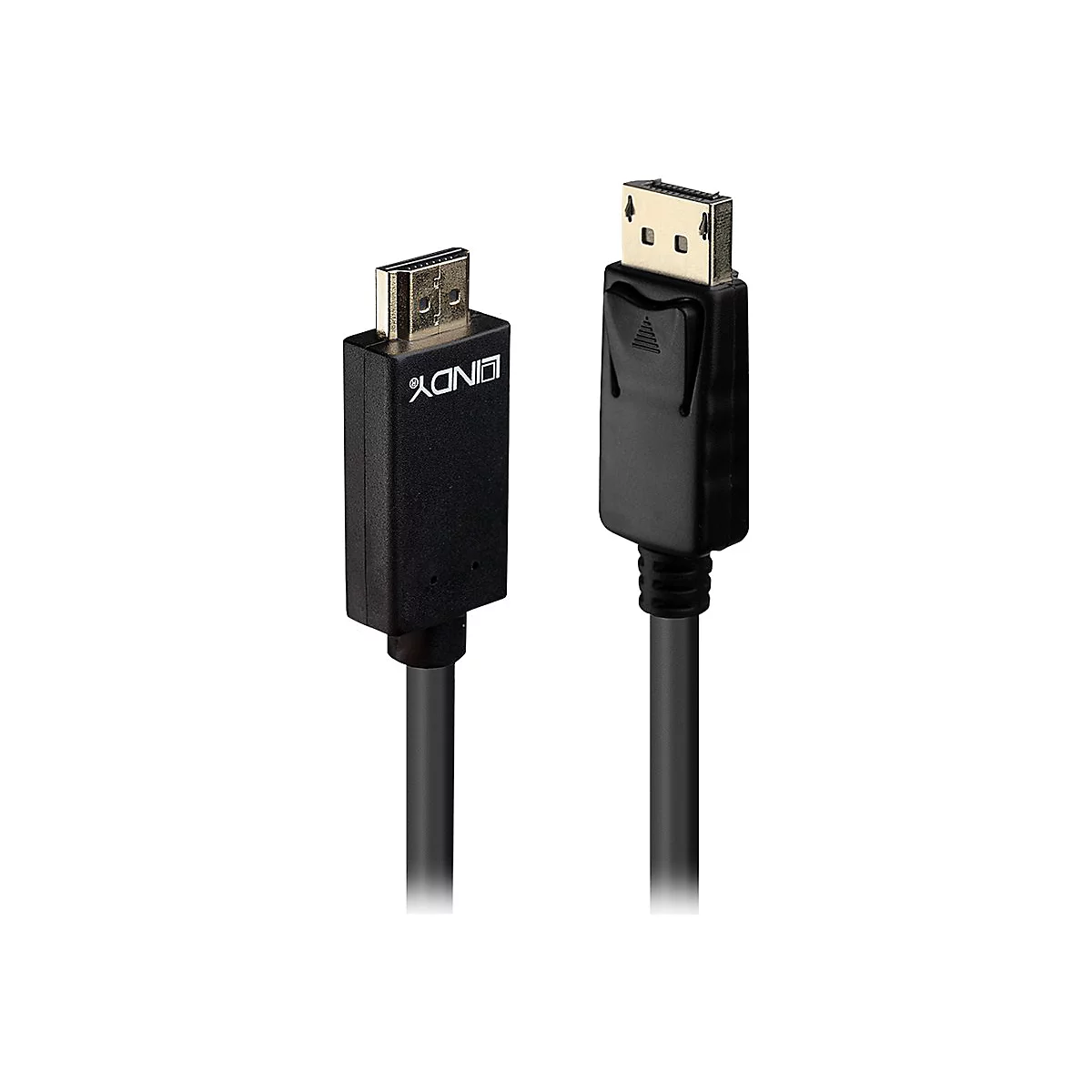 Zwei schwarze Kabel, eines mit HDMI-Anschluss, das andere mit DisplayPort-Anschluss, isoliert auf weißem Hintergrund.