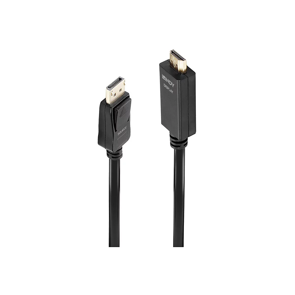 Zwei schwarze HDMI-Kabel mit Steckern; rechts Lindy-Logo und Display-Schriftzug.