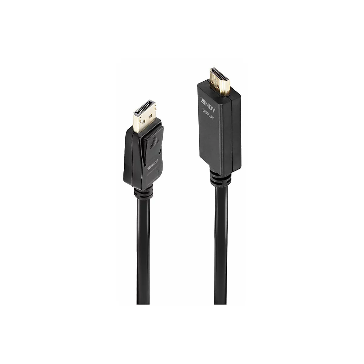 Zwei schwarze HDMI-Kabel mit Steckern in Nahaufnahme, eines mit DisplayPort-Anschluss, das andere mit HDMI. Auf einem steht LINDEY, DISPLAY.