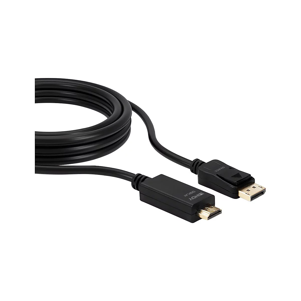 Ein schwarzes Lindy-Kabel, das DisplayPort- und HDMI-Anschlüsse besitzt.