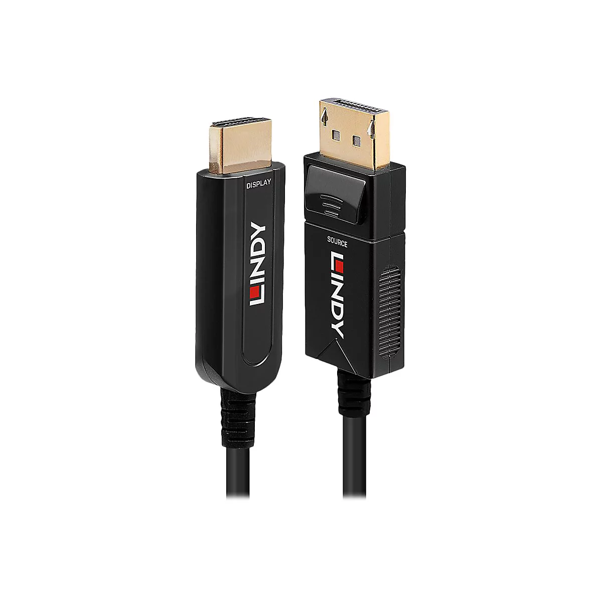 Schwarzes HDMI zu DisplayPort Kabel von Lindy. Der HDMI-Anschluss ist goldfarben, der DisplayPort-Anschluss hat einen schwarzen Knopf.