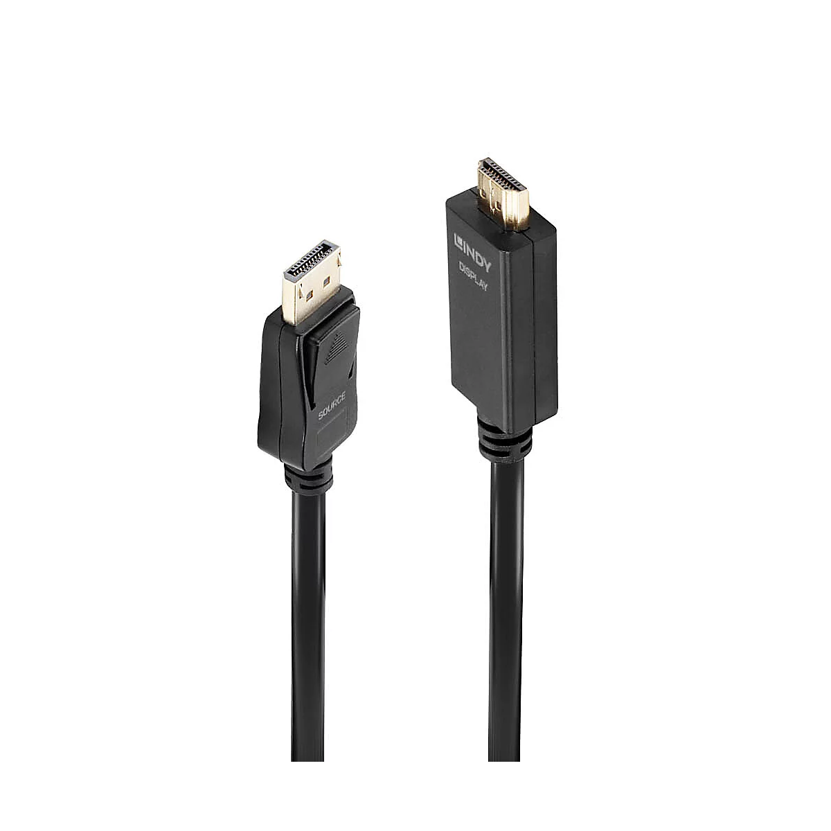 Zwei schwarze HDMI-Kabel mit Steckern in Gold und Texten wie 'SOURCE' und 'LINDY DISPLAY'.