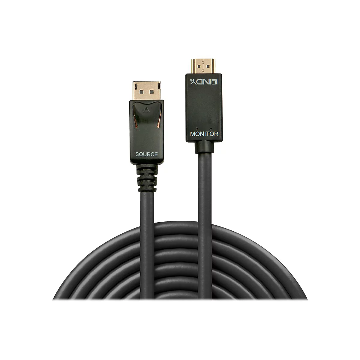 Schwarzes HDMI- und DisplayPort-Kabel; Beschriftungen: Quelle, Monitor, LINDY.