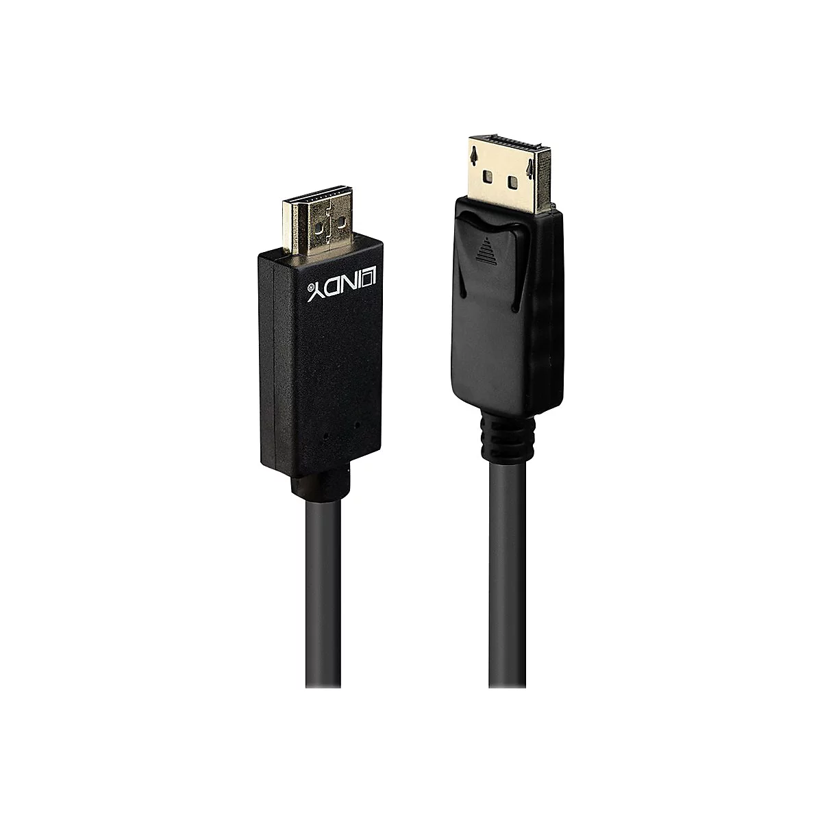 Zwei schwarze LINDY DisplayPort-Kabel mit goldenen Steckern auf weißem Hintergrund.