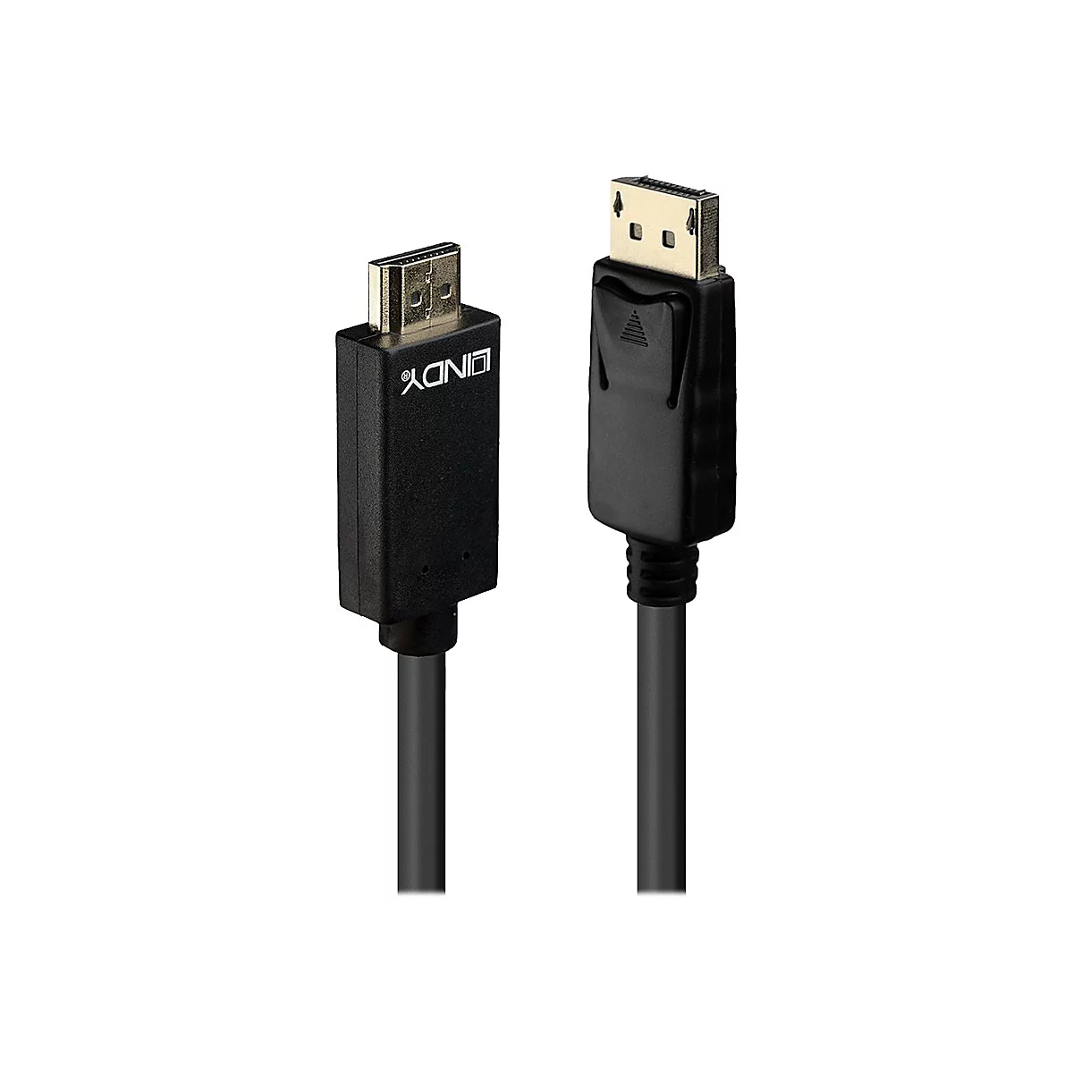 Schwarzes LINDY-Kabel mit HDMI- und DisplayPort-Steckern. Die Stecker sind goldfarben, das Kabel ist schwarz.