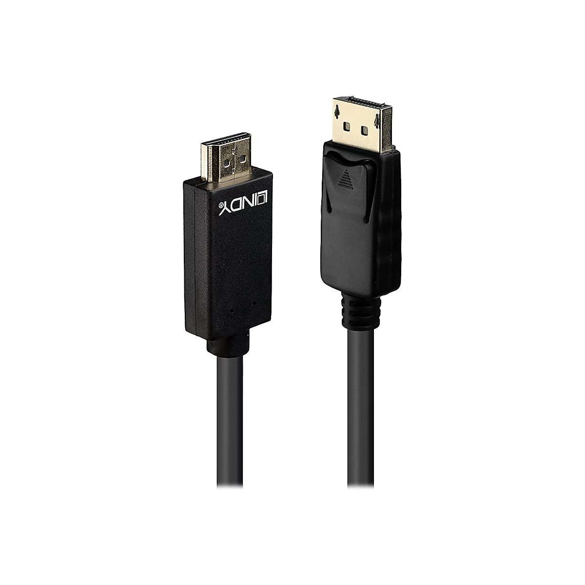 Zwei schwarze Kabel, eines mit DisplayPort- und eines mit HDMI-Stecker. Die Kabel haben eine schwarze Isolierung.