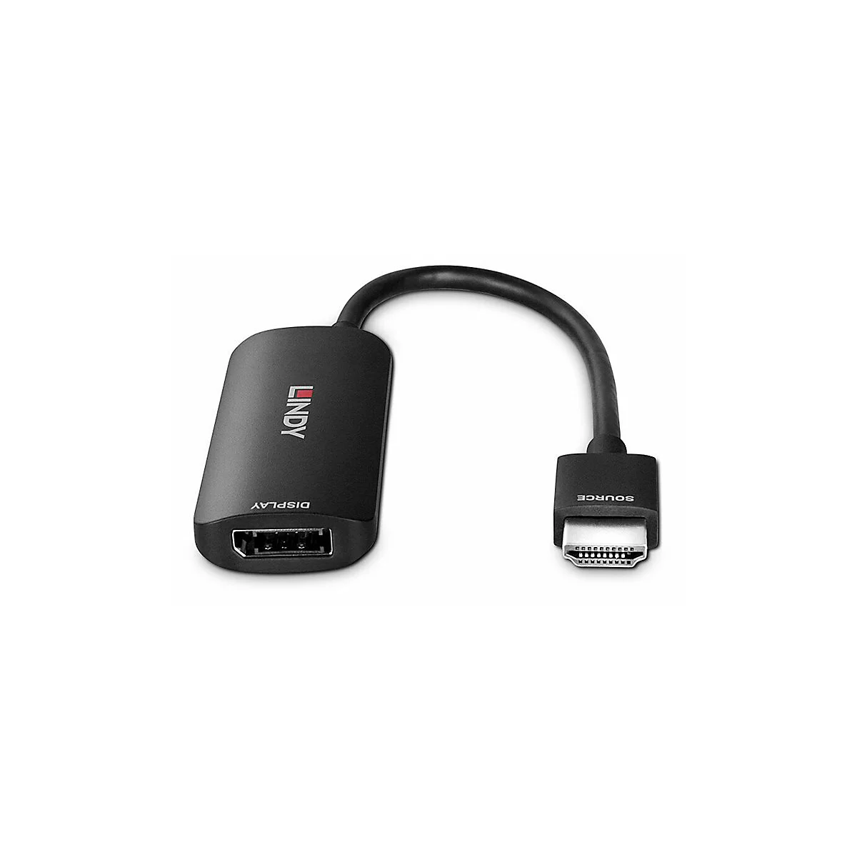 Schwarzer HDMI-Adapter mit LINDY-Logo, 'DISPLAY'- und 'SOURCE'-Beschriftung.
