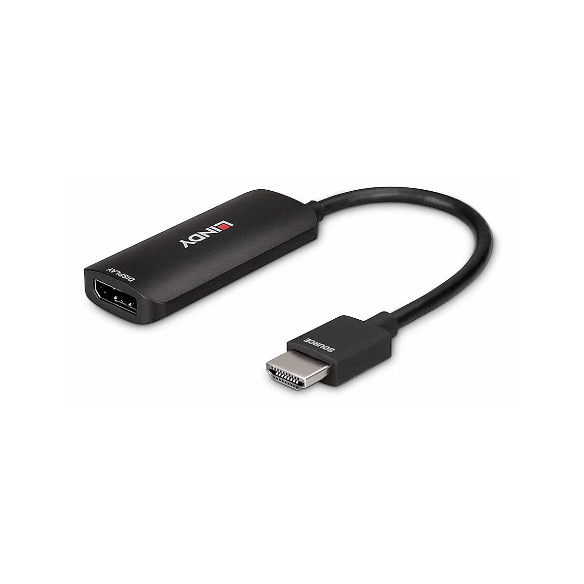 Schwarzer Adapter mit HDMI und USB-C Anschlüssen. Der Adapter hat das LINDY Logo und die Beschriftungen DISPLAY und SOURCE.