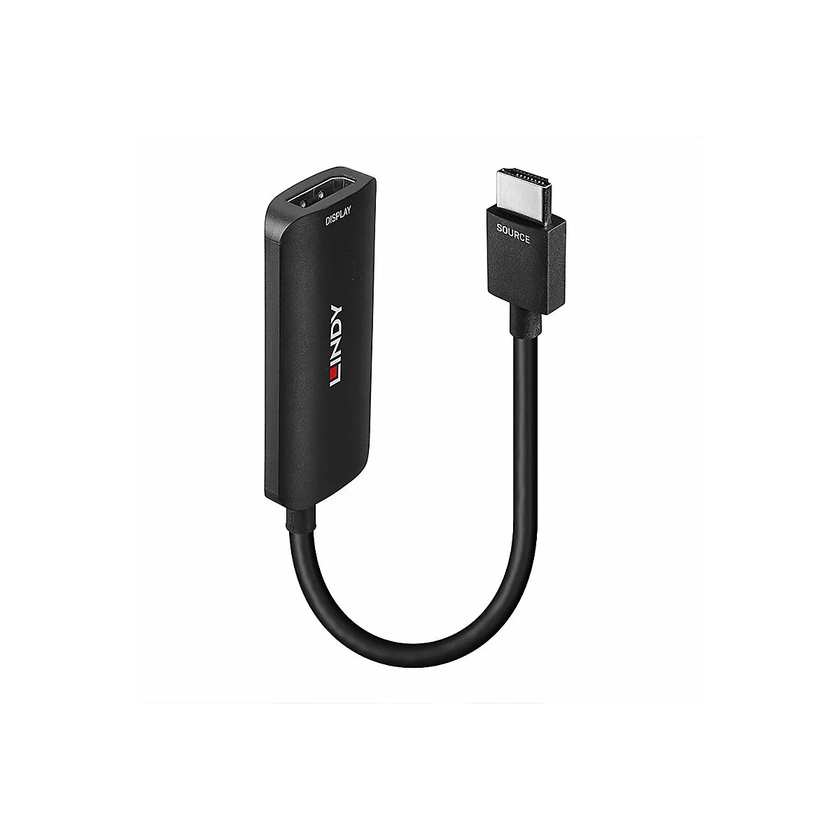 Schwarzer Lindy-Adapter mit DisplayPort- und USB-C-Anschluss, beschriftet mit "DISPLAY", "SOURCE" und "LINDY".