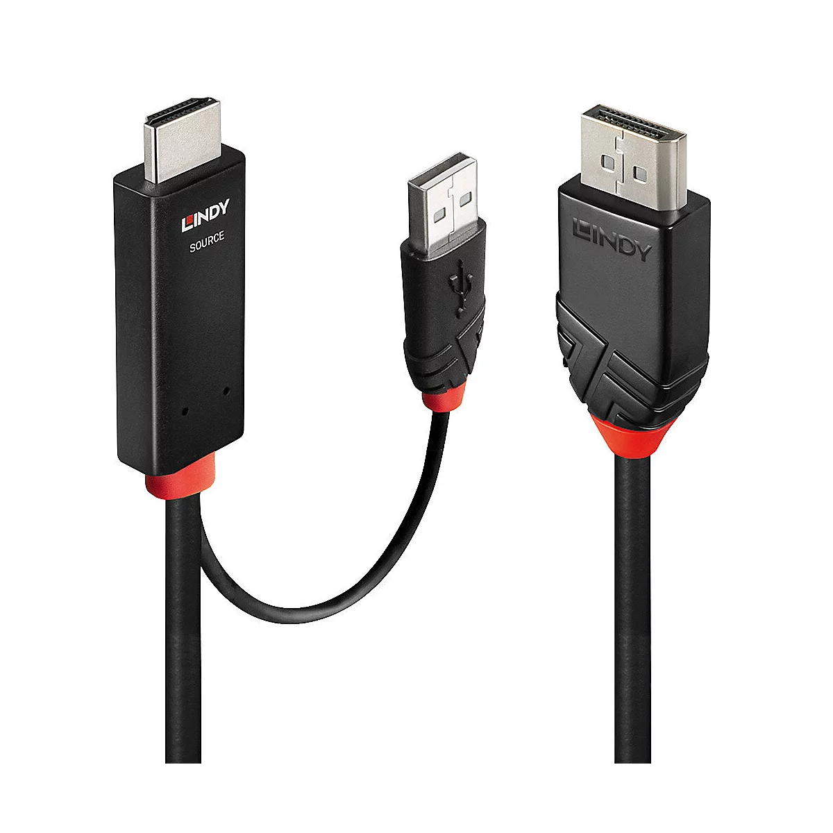 Schwarzes HDMI-Kabel mit roter Akzentfarbe, verbunden mit einem DisplayPort-Kabel und USB-Kabel, vor weißem Hintergrund.