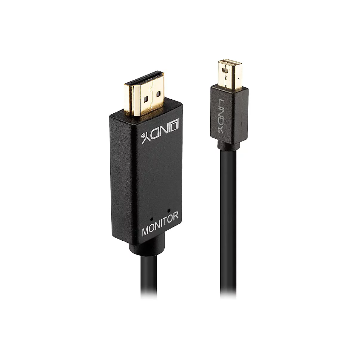 Schwarzes LINDY-Kabel mit HDMI- und Mini-DisplayPort-Anschluss. Auf dem Stecker steht 'Monitor'.