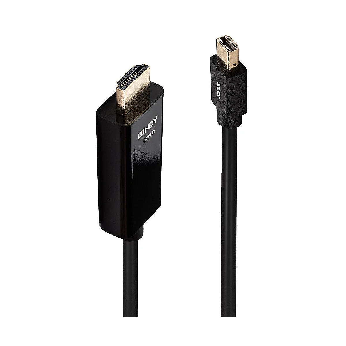 Ein schwarzes HDMI-Kabel mit Steckern an beiden Enden. Auf einem Stecker steht "LINDY DISPLAY".