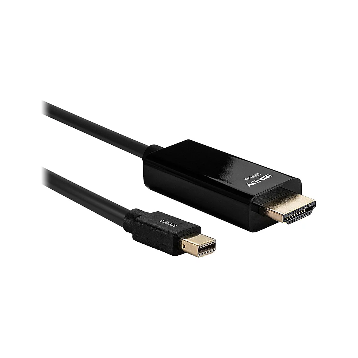 Ein schwarzes HDMI-zu-Mini-DisplayPort-Kabel. Auf dem HDMI-Stecker steht "LINDY DISPLAY", auf dem anderen "SOURCE".