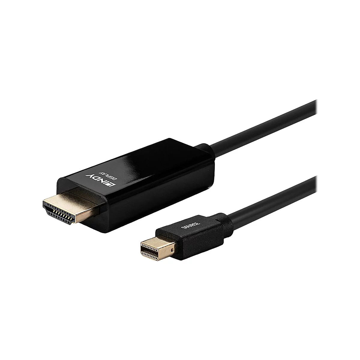 Schwarzes HDMI-Kabel mit 'LINDY DISPLAY' und 'SOURCE'-Text. Goldfarbene Stecker.
