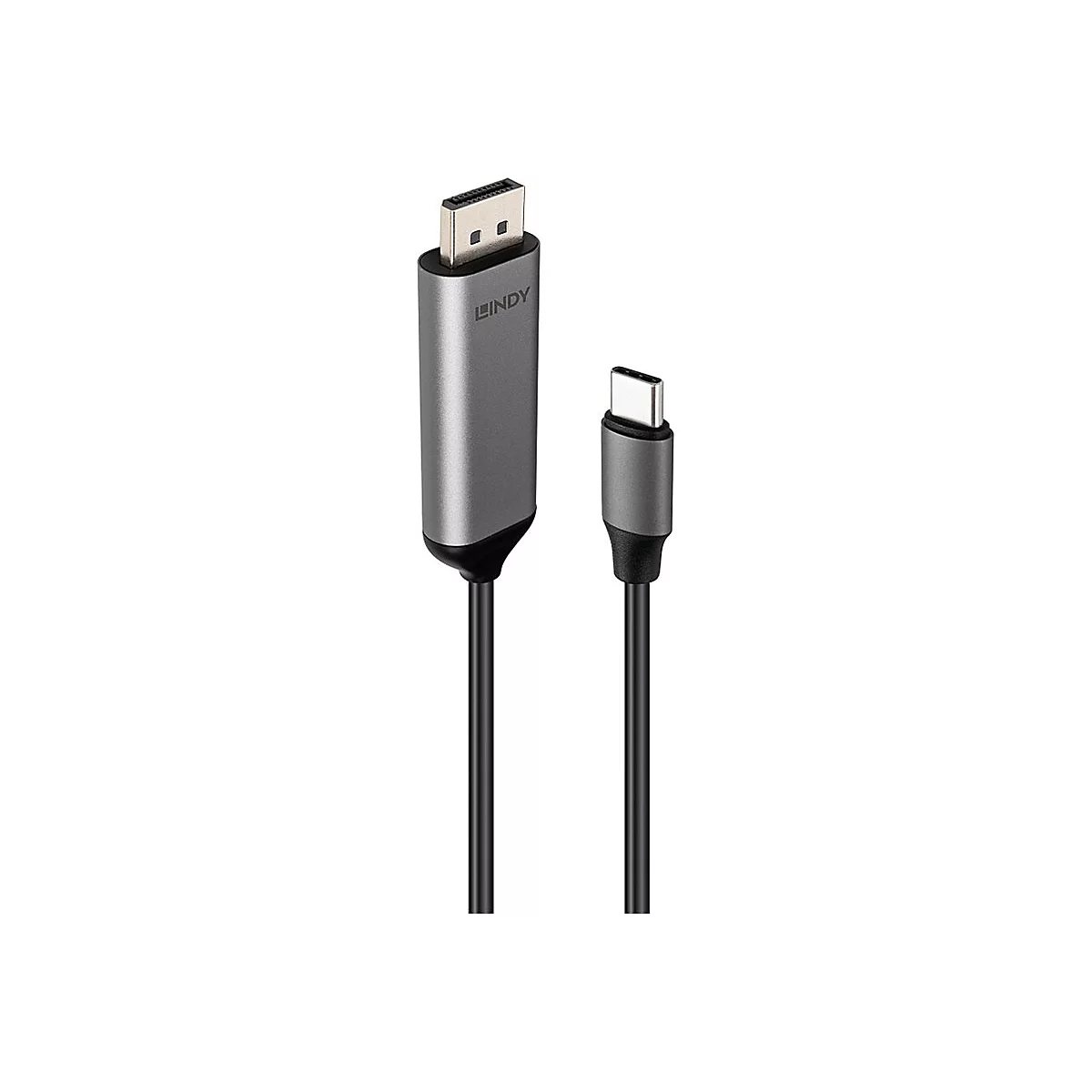 Grauer USB-C-auf-DisplayPort-Adapter von LINDY, schwarzes Kabel. Der Adapter hat das LINDY-Logo.